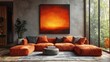 © Salander Studio - minimal living room interior design with an abstract sun and horizon wall art over the couch