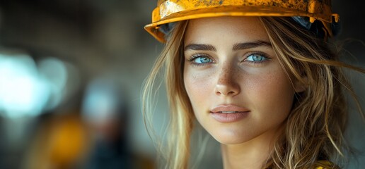 Wall Mural - Close-up portrait of a young woman wearing a hard hat.