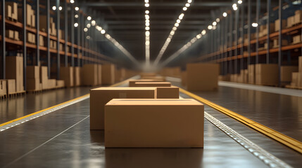 Wall Mural - Empty warehouse aisle with cardboard boxes in storage