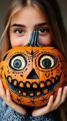 Canvas Print - Young woman holds a spooky pumpkin.