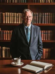 Aufkleber - The professor poses in front of a large bookshelf filled with books, embodying a scholarly presence while enjoying coffee and reading. Generative AI