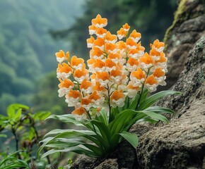 Vibrant orange flowers in nature on misty mountain slope.