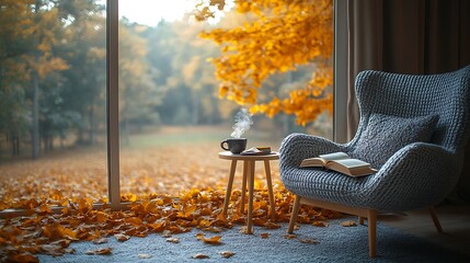 A cozy chair in front of a large window, an open book and a steaming coffee cup on the side table, framed by fallen golden autumn leaves outside. Soft sunlight pours through the window,