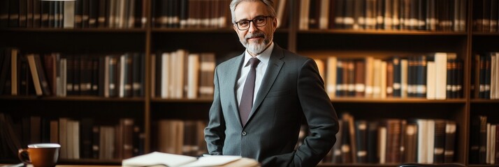 Fototapete - A distinguished professor in a suit exudes confidence while standing in front of a bookshelf overflowing with books, showcasing academic expertise. Generative AI
