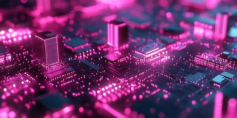 Abstract digital circuit with vibrant pink lighting.