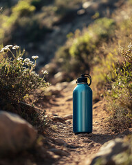 blue water bottle on a dusty path in the desert - nature, hiking, hydration, outdoors, travel, adventure