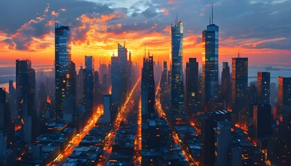 Wall Mural - Vibrant dawn cityscape with towering skyscrapers, bustling streets, and radiant morning light illuminating the urban landscape