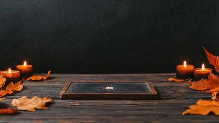 A dark wooden table adorned with candles, autumn leaves, and a mystical card, creating an atmospheric, enchanting setting.