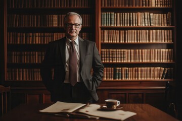 Aufkleber - A confident professor in a suit poses beside a rich wooden desk with bookshelves filled with literature, exuding knowledge and authority. Generative AI