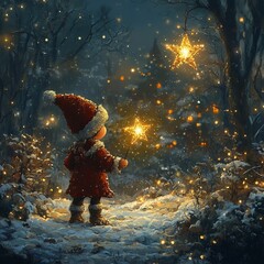 Canvas Print - A child in a red coat and Santa hat stands in a snowy forest, holding a glowing star, looking up at a larger star in the sky.