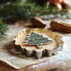 Poster - A Christmas tree cookie cutter with green icing on a pastry dough inside.