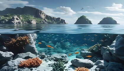 Vibrant tropical ocean floor featuring rocky terrain and grey fish amidst a stunning underwater landscape