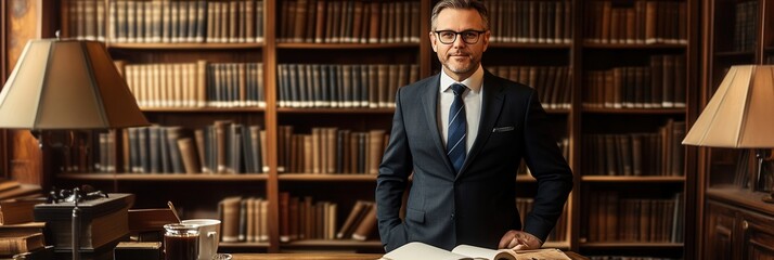Poster - A confident professor poses in a suit near a rich bookshelf, showcasing a scholarly environment filled with books. Generative AI