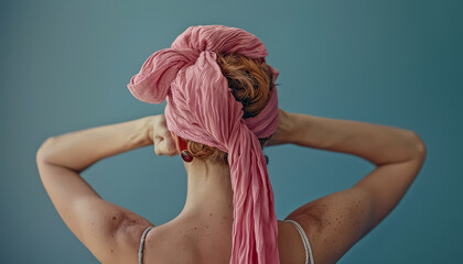 Wall Mural - A woman with a pink scarf wrapped around her head