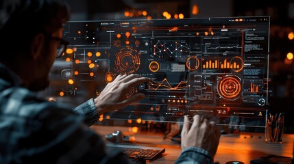 Innovative Web Designer Creating Responsive Website with AI Interface, Real-time Metrics Display