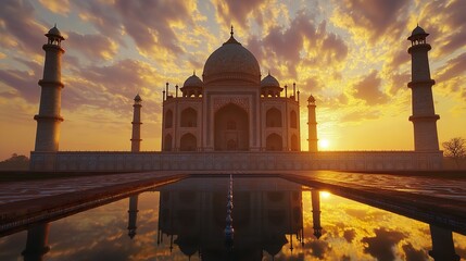 Majestic view of the Taj Mahal at dawn, bathed in soft, warm morning light, Agra, India