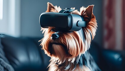 Wall Mural - Yorkshire Terrier Immersed in Virtual Reality Adventure in Stunning Cinematic Photography