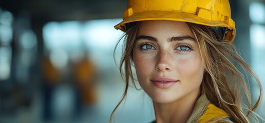 Woman in a yellow hardhat with blonde hair and blue eyes smiles while looking at the camera.