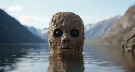 Poster - mysterious stone face emerging from tranquil lake