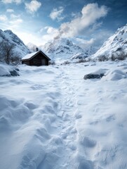 Poster - Cozy mountain cabin in snowy winter landscape