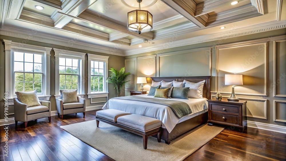 Stock-Foto Elegantly designed master bedroom with wainscoting, crown ...