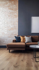 Wall Mural - Cozy modern living room with sleek furniture and a stylish color palette featuring a brick wall and comfortable seating