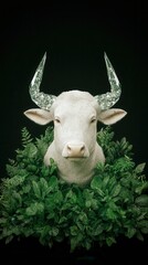 Sticker - White Bull with Diamond Horns in a Tropical Forest.