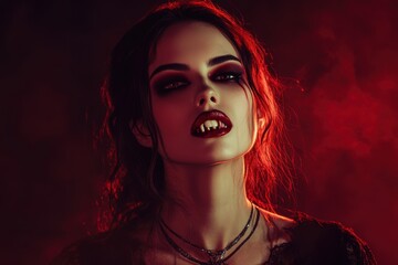 Wall Mural - Portrait of a Caucasian woman with dark, smoky eye makeup and blood-red lips, dressed as a vampire with fanged teeth, copy space in the middle, in a black and crimson studio background