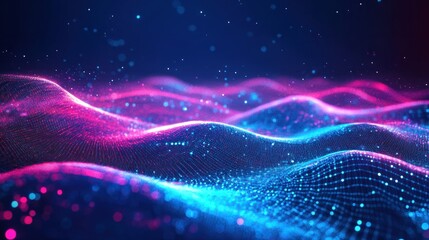 Poster - Abstract digital technology waves background with neon lines, futuristic cyber virtual landscape concept, glowing particles and innovative mesh design pattern