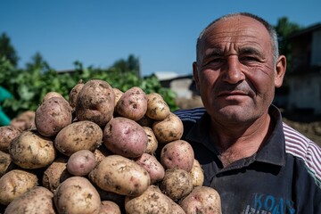 a Belarusian farmer standing proudly next to a mound of harvested potatoes rural pride traditional farming autumn harvest countryside landscape with a traditional house and lush farmland in the backgr