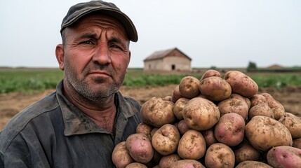 a Belarusian farmer standing proudly next to a mound of harvested potatoes rural pride traditional farming autumn harvest countryside landscape with a traditional house and lush farmland in the backgr