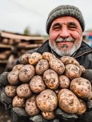 a Belarusian farmer standing proudly next to a mound of harvested potatoes rural pride traditional farming autumn harvest countryside landscape with a traditional house and lush farmland in the backgr