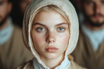 Poster - Thoughtful young woman in white hood