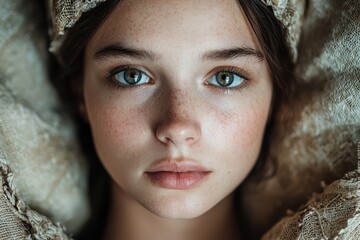 Poster - Captivating portrait of a young woman with striking blue eyes