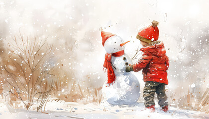 Wall Mural - A child is holding a snowman's hand while the snowman is wearing a red scarf