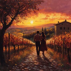 Poster - A couple walks along a stone path through a vineyard at sunset, with a villa in the distance.