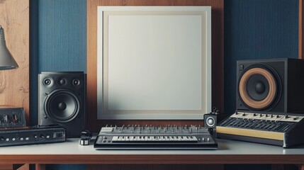 Close up white mockup poster frame in a retro music studio is ideal for selling vintage audio equipment.