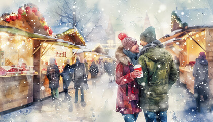 Wall Mural - A couple is walking in the snow with a red cup in their hands