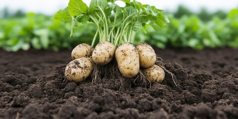 a closeup of a potato plant being pulled from the soil roots and all organic farming harvest season 