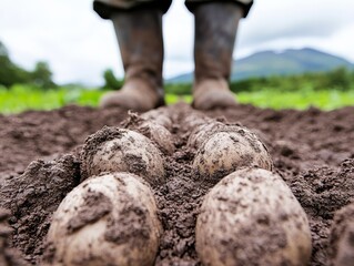 Wall Mural - a detailed shot of freshly dug potatoes on the ground covered in soil organic vegetables rural farming freshly harvested with the boots of a farmer visible in the background symbolizing hard work and