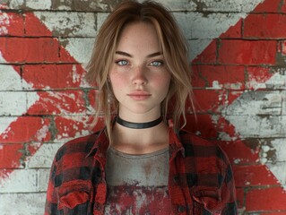 Wall Mural - young woman with freckles and blue eyes against red brick wall