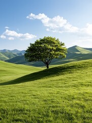 Poster - Lone tree on a grassy hill with mountains in the background