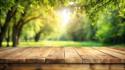 empty wooden table with blurry tree background Panoramic