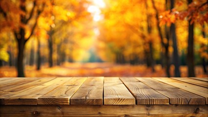 Empty wooden table with blurry waterfall background