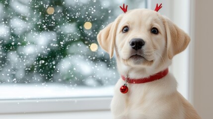 Poster - cute golden retriever puppy wearing christmas antlers in snowy winter scene