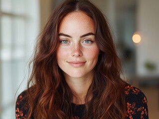 Canvas Print - Closeup portrait of a young woman with long wavy brown hair and freckles