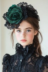 Poster - young woman with floral headpiece and lace dress