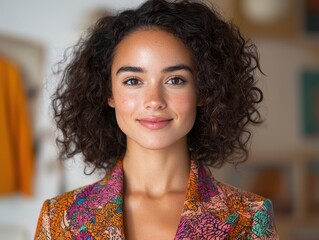 Sticker - Smiling woman with curly hair wearing a colorful patterned jacket