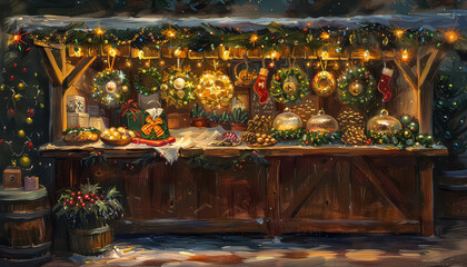 Wall Mural - A painting of a Christmas market with a Christmas tree in the background