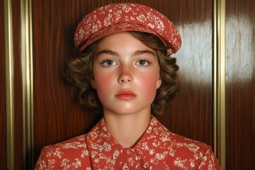 Wall Mural - young woman with curly hair wearing a floral patterned hat